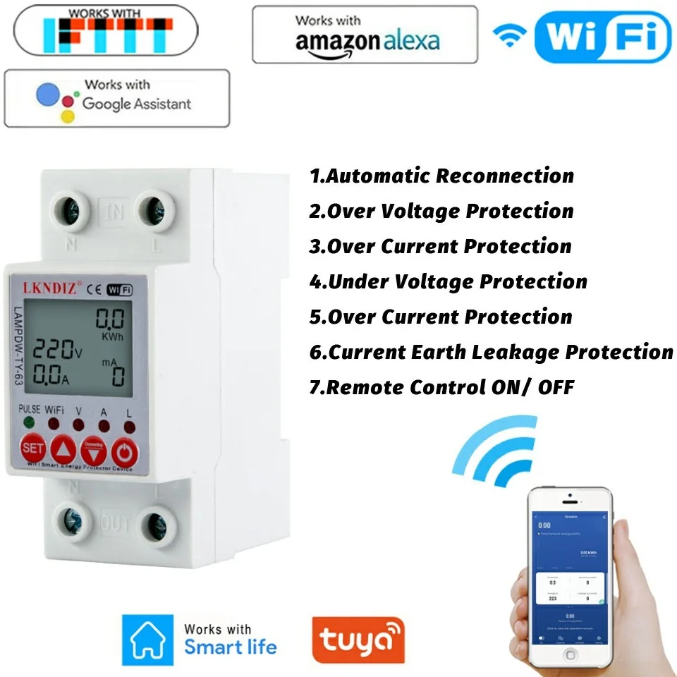 

TUYA APP Controlled 2P 63A WiFi Smart Circuit Breaker Earth Leakage over under Voltage Protector Relay Device with Energy Power