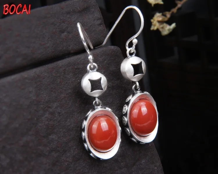 

S925 sterling silver southern red agate ingot earrings female distressed retro style classical lucky Thai silver Chinese style