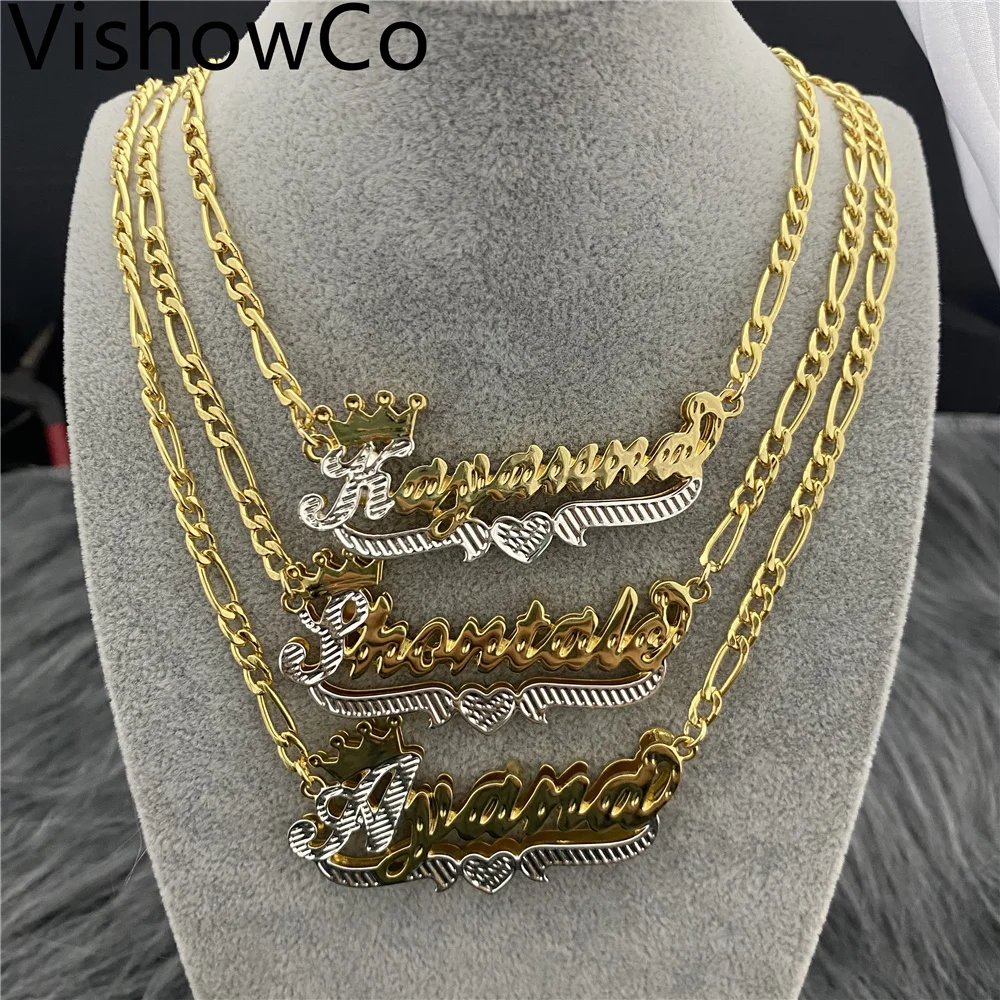 VishowCo Custom Name Necklace Custom Two Color Personalized Stainless Steel Heart And Crown Nameplate Necklace For Women Gifts