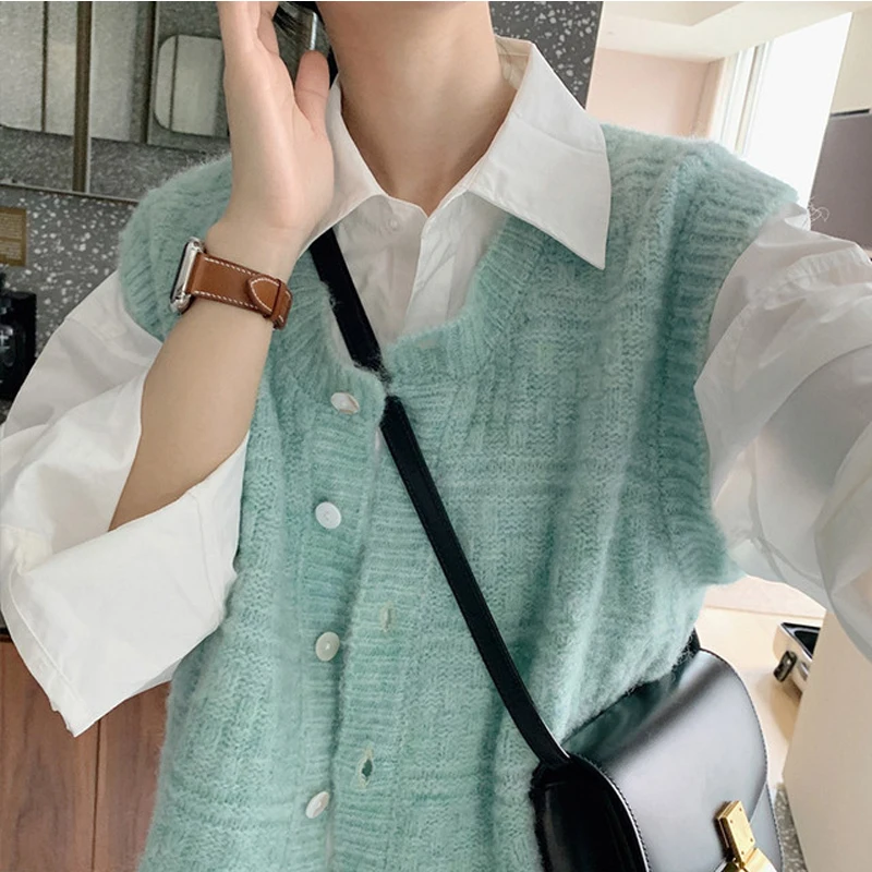 Korean Style Cardigan Mint Green Women Sweater Sleeveless Designer Knitted Garment Loose Casual Solid Knitted Vest 2021 Autumn