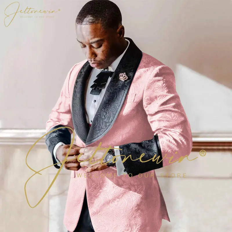 

JELTONEWIN New Fashion Groom Pink Jacquard Men Suit 2 Pieces Set Tuxedos Men's Wedding Wear Party Blazer Groomsman Terno Suits