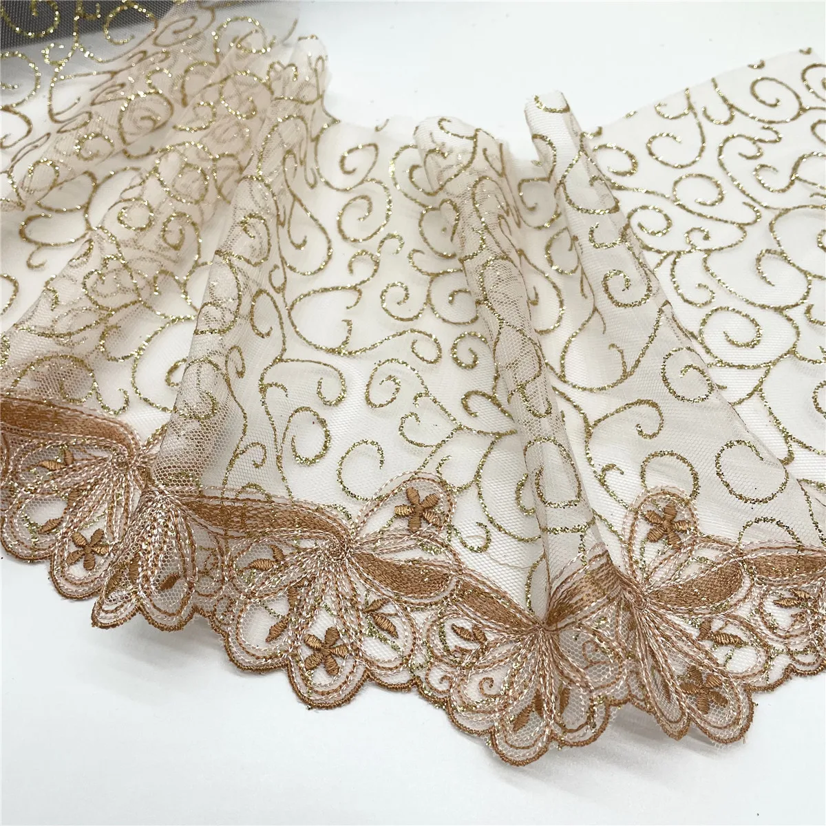 3y/lot Width 7 inch (18cm) Apricot With Metallic Embroidery Lace Trim For Skirt Hem Clothes Sewing Material DIY Apparel Fabric