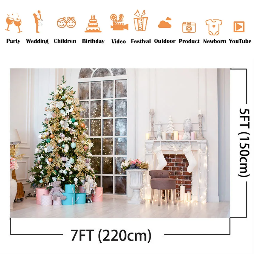 Photography backdrop family christmas tree background for photo studio white fireplace x-mas tree backdrops for photographic