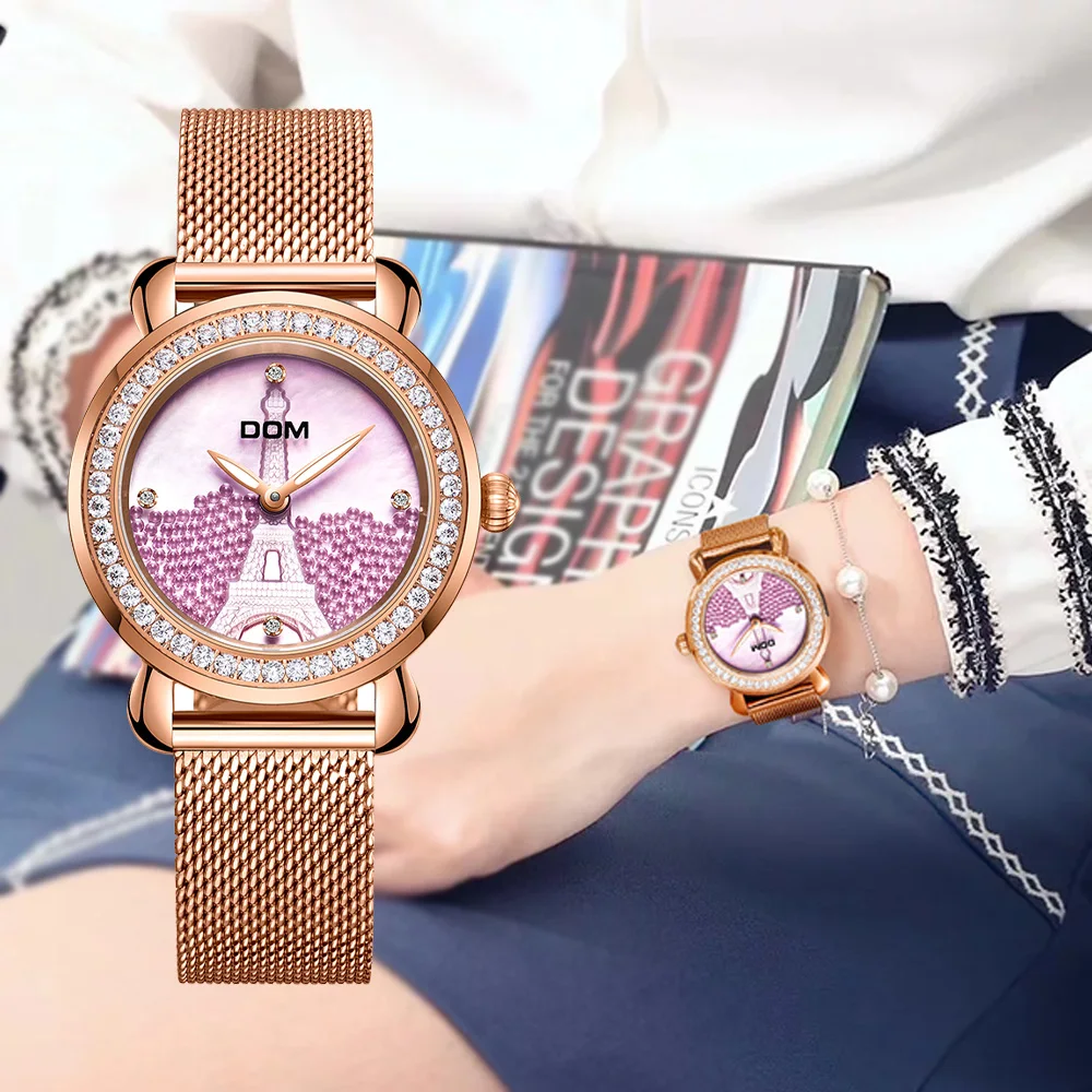 DOM Luxury Brand Women Watch Rose Gold Steel Quartz Ladies Watches Rhinestone Sapphire Crystal Dress Relogio Faminino G-613G-6M