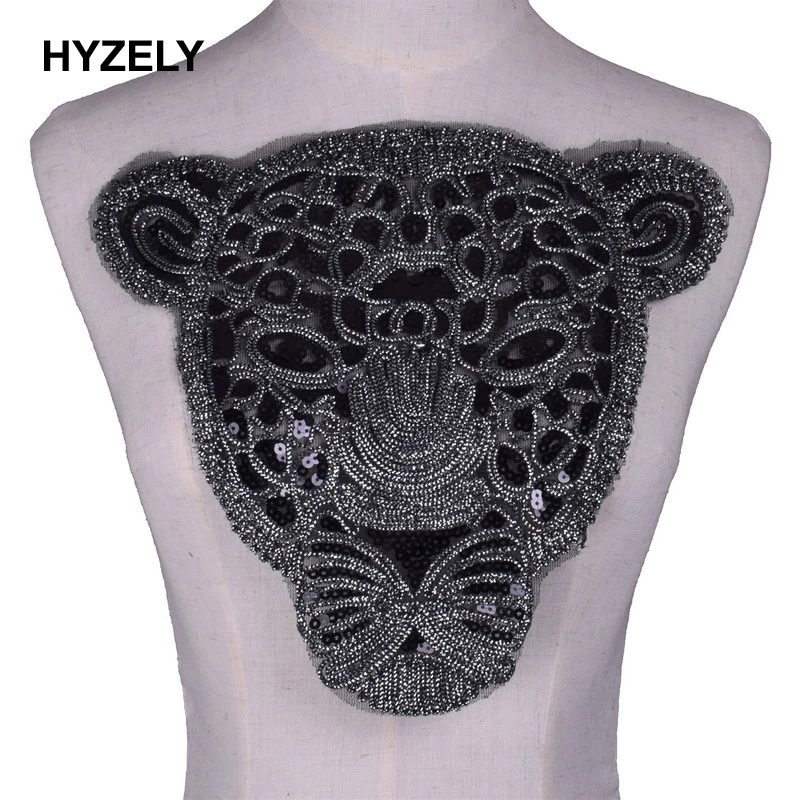 Large Black Sequin Lace Tiger Head Clothes Embroidered Patches for Clothing Sew on Sweatshirt Leopard Applique Sticker NL361