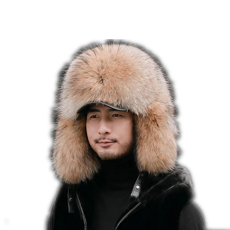 

Mens Winter Hats Ear Flaps Bomber Hats with Brim Genuine Fox Fur and Raccoon Fur Warm Thick Caps