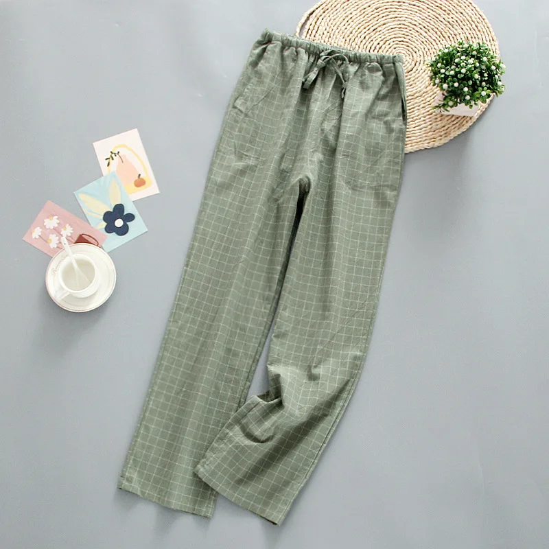 Washed Cotton Spring Pyjama Bottoms Couple\'s Home Pants Elastic Waist Plaid Sleepwear Women and Men Sleeping Lounge Pants