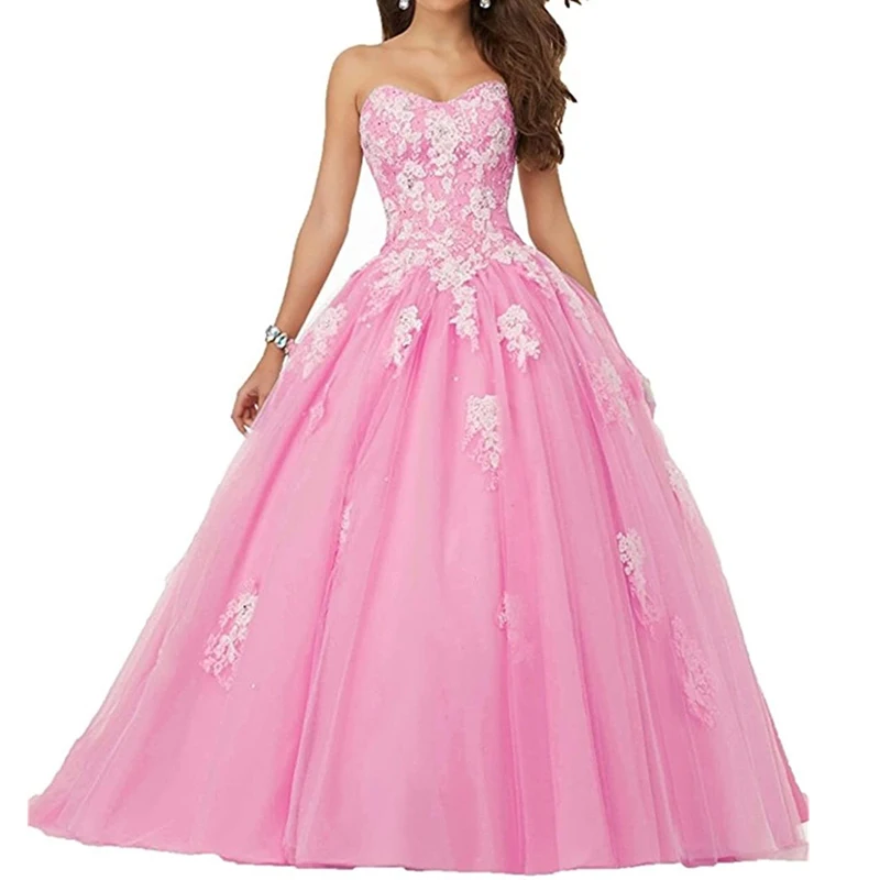 Vestido largo de tul con escote corazón para mujer, vestido de fiesta con apliques de encaje rosa, quinceañera, 15 y 16 años