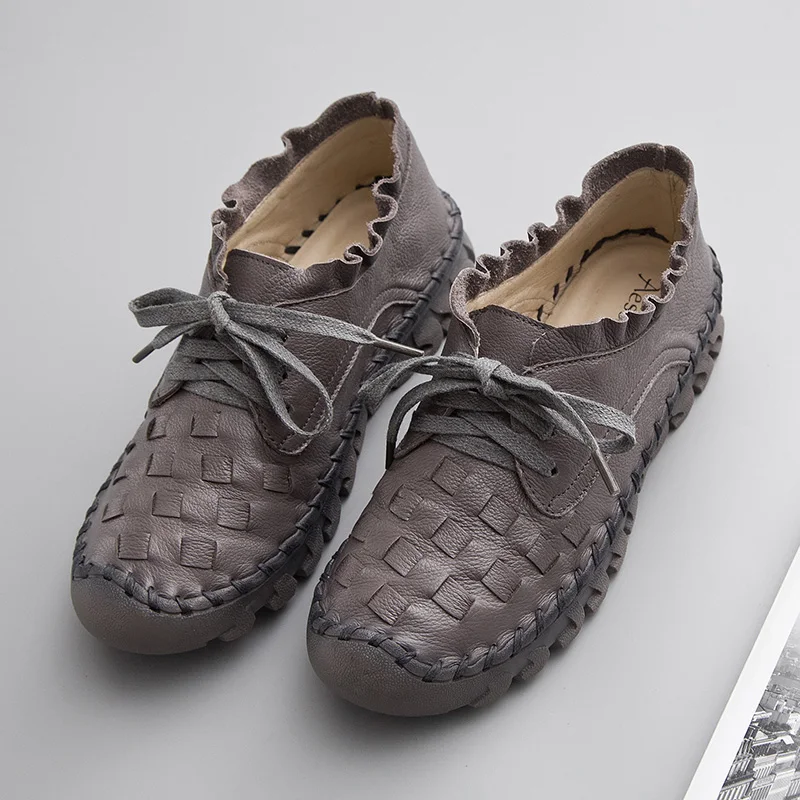 2025 Nieuwe Vrouwen Handgemaakte Schoenen Echt Leer Platte Vetersluiting Moeder Schoenen Vrouw Loafers Zachte Enkele Casual Flats Schoenen vrouwen