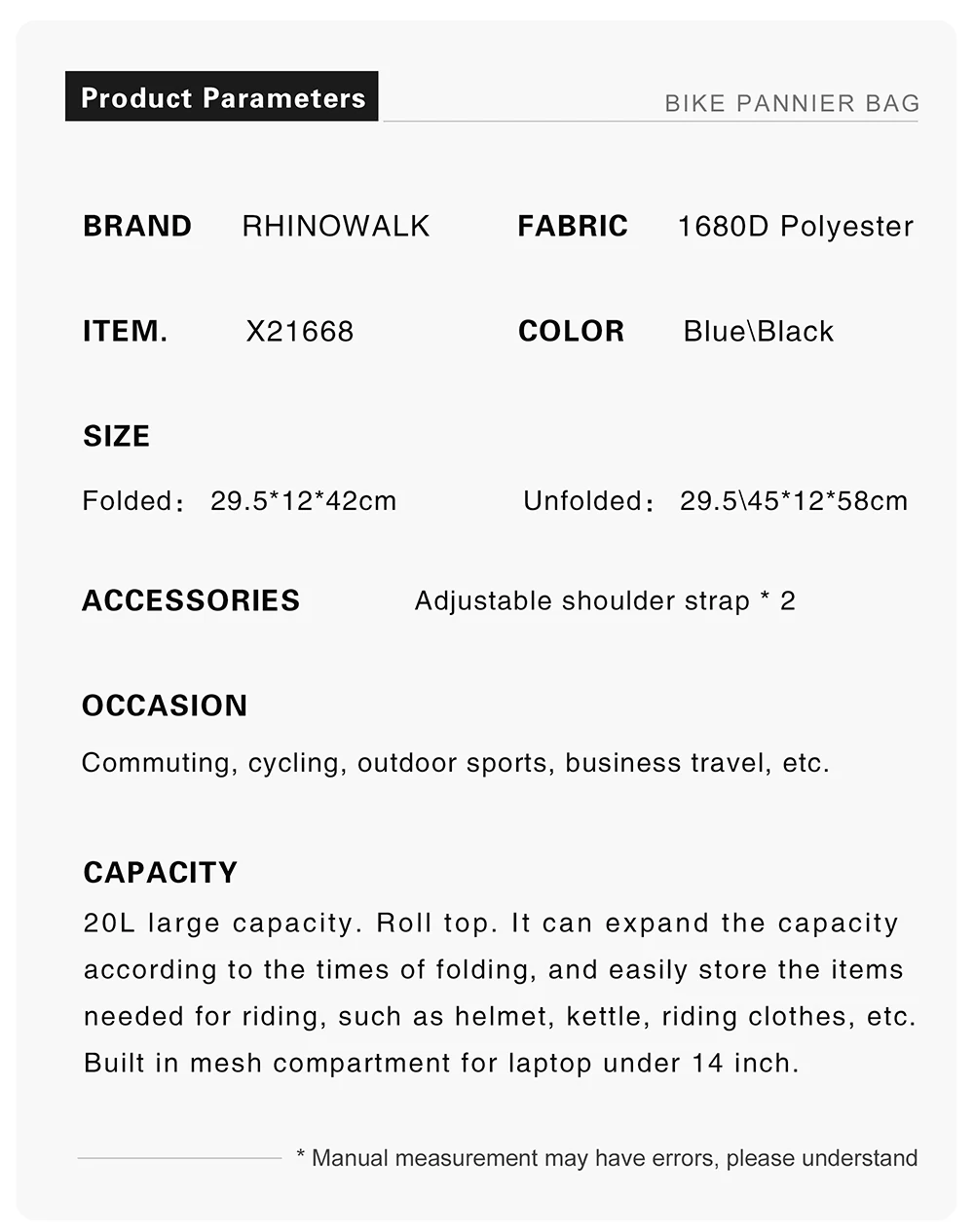 Rhinowalk Waterproof Bike Pannier Backpack 20L Trunk Bag Travel Cycling Bag Basket MTB Road Bicycle Rear Rack Tail Bag Accessory