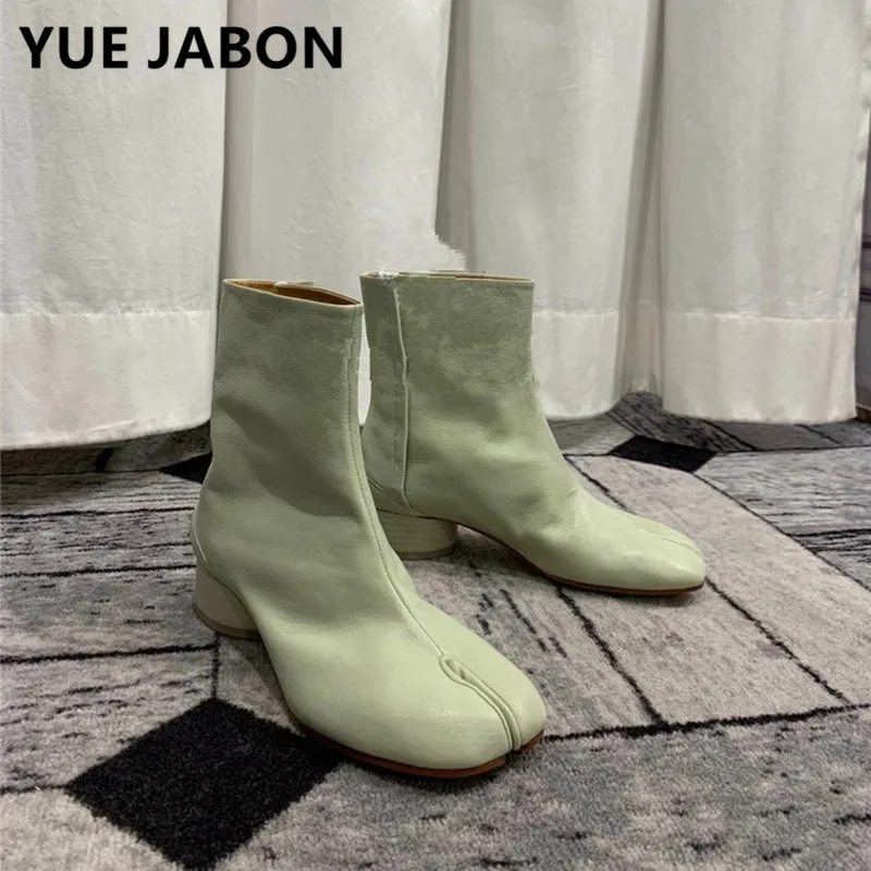 Green Ninja Tabi Boots Female Shoes Women Split Toe Ankle Boots Leather Round Heels Shoes Short Woman Boots Short Heels Blue