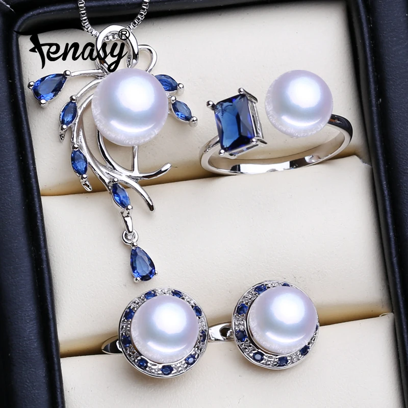 

FENASY 925 Sterling Silver Necklace Natural Pearl Jewelry Sets For Women Bohemian Stud Earrings Sapphire Pendant Party Rings