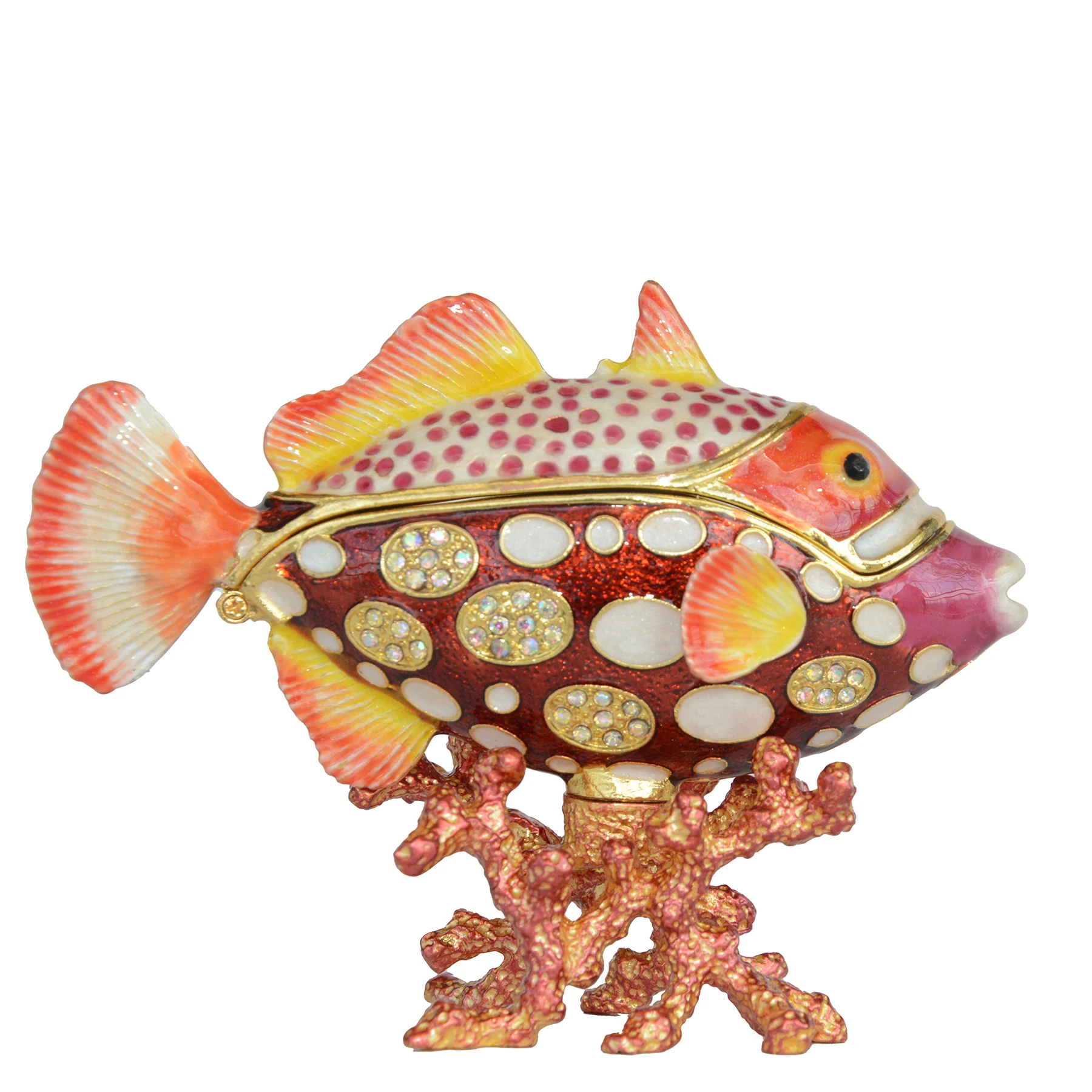 Tropical Fish with Coral Hinged Trinket Box, Rhinestones Collectible Gifts