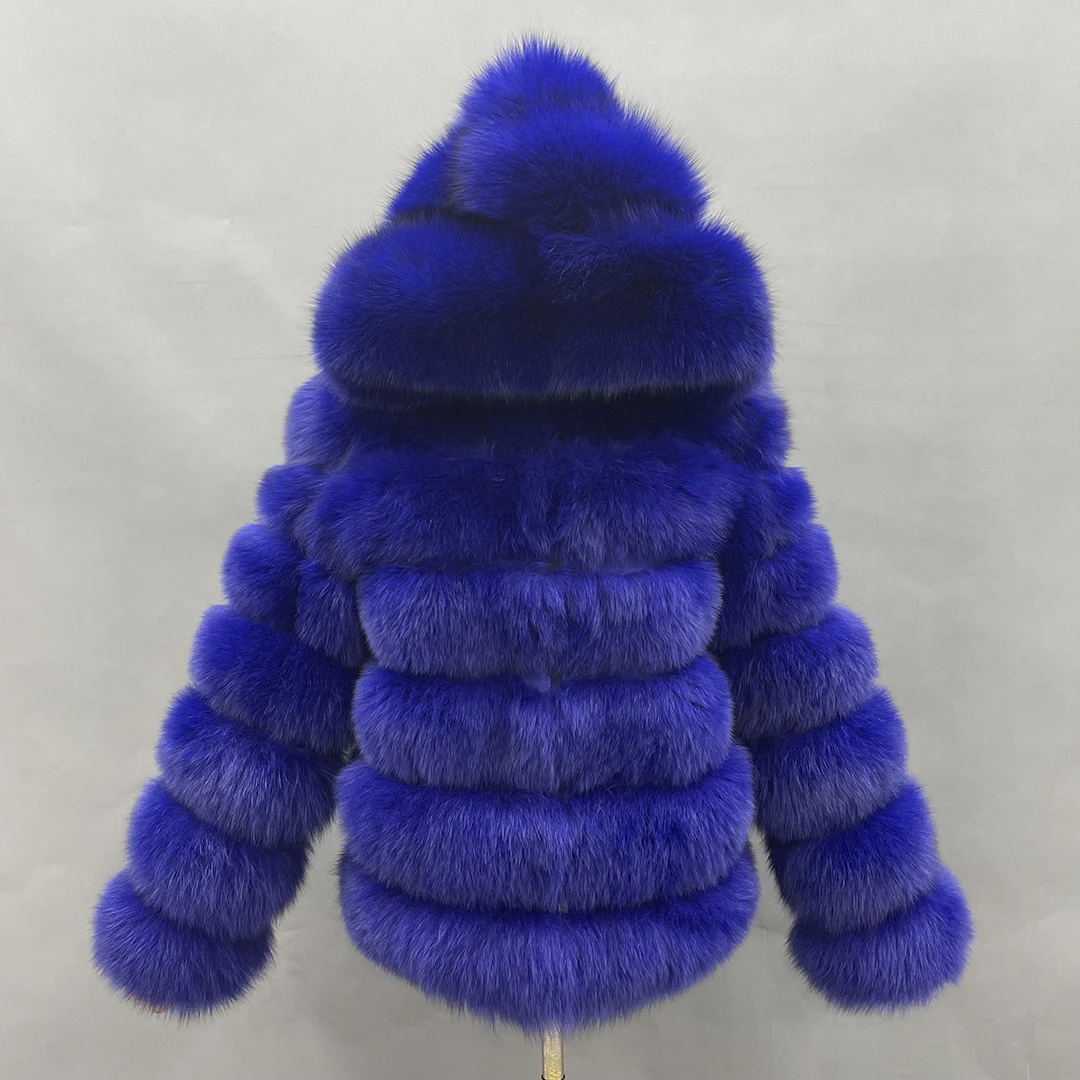 MISSJANEFUR 2021 New Real Fur Coat Women Winter Fur Hood Coat Warm Solid Blue 100% Natural Fox Fur Jacket Wholesale Size 6xl