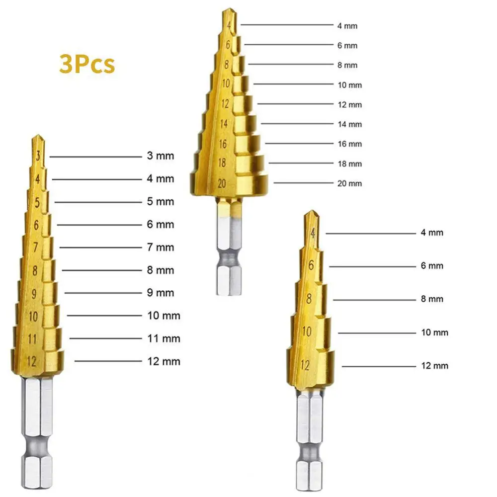 3 Titanium-Tấm Thép Tốc Độ Cao Bước Bộ Mũi Khoan Khoan Bộ Cho Kim Loại Tấm Lỗ khoan 4-12Mm 4-20Mm 4-32Mm 3-12Mm