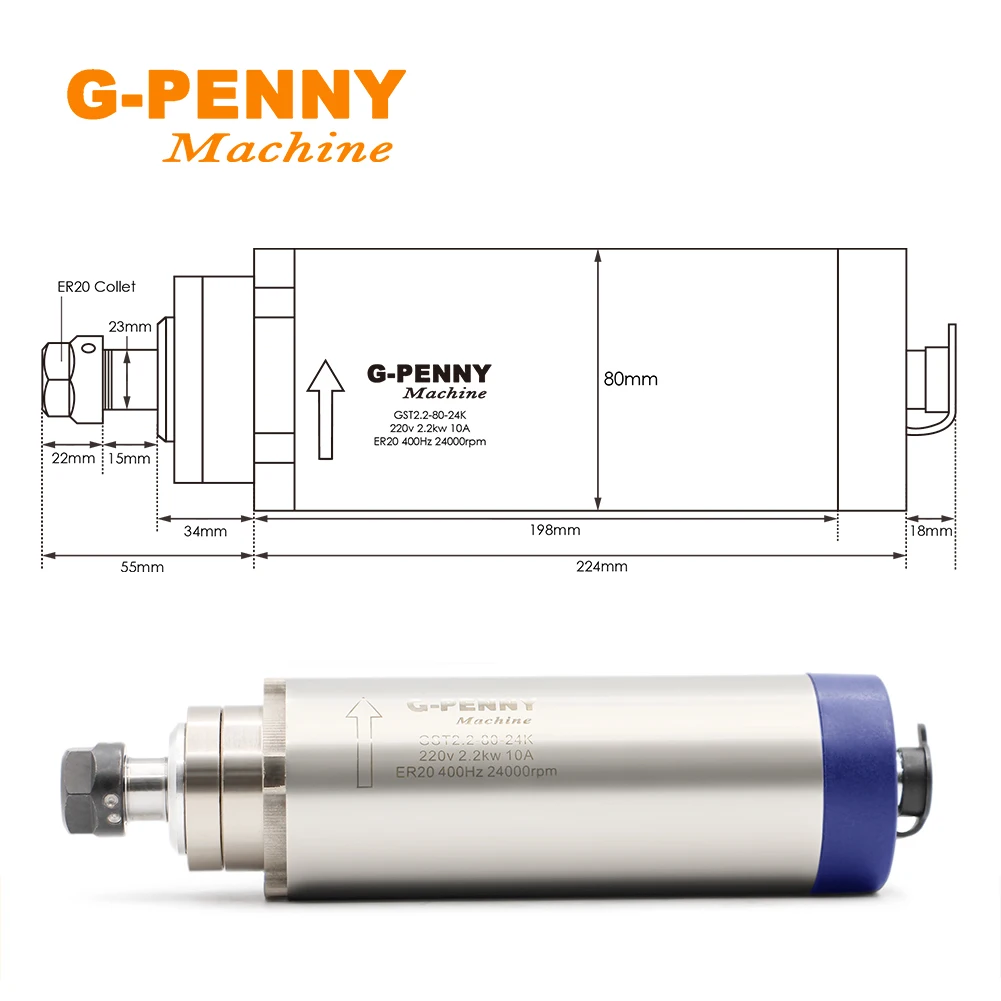 G-PENNY 220V 380V 2.2KW CNC Air Cooling Spindle motor ER20 4pcs Ceramic  bearings 80mm Air coolant spindle for engraving milling