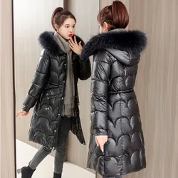 2024 Winter Jacket Women Korean Version New Big Fur Collar Cotton Coat Bright Face Hooded Long Warm Down Cotton Jackets