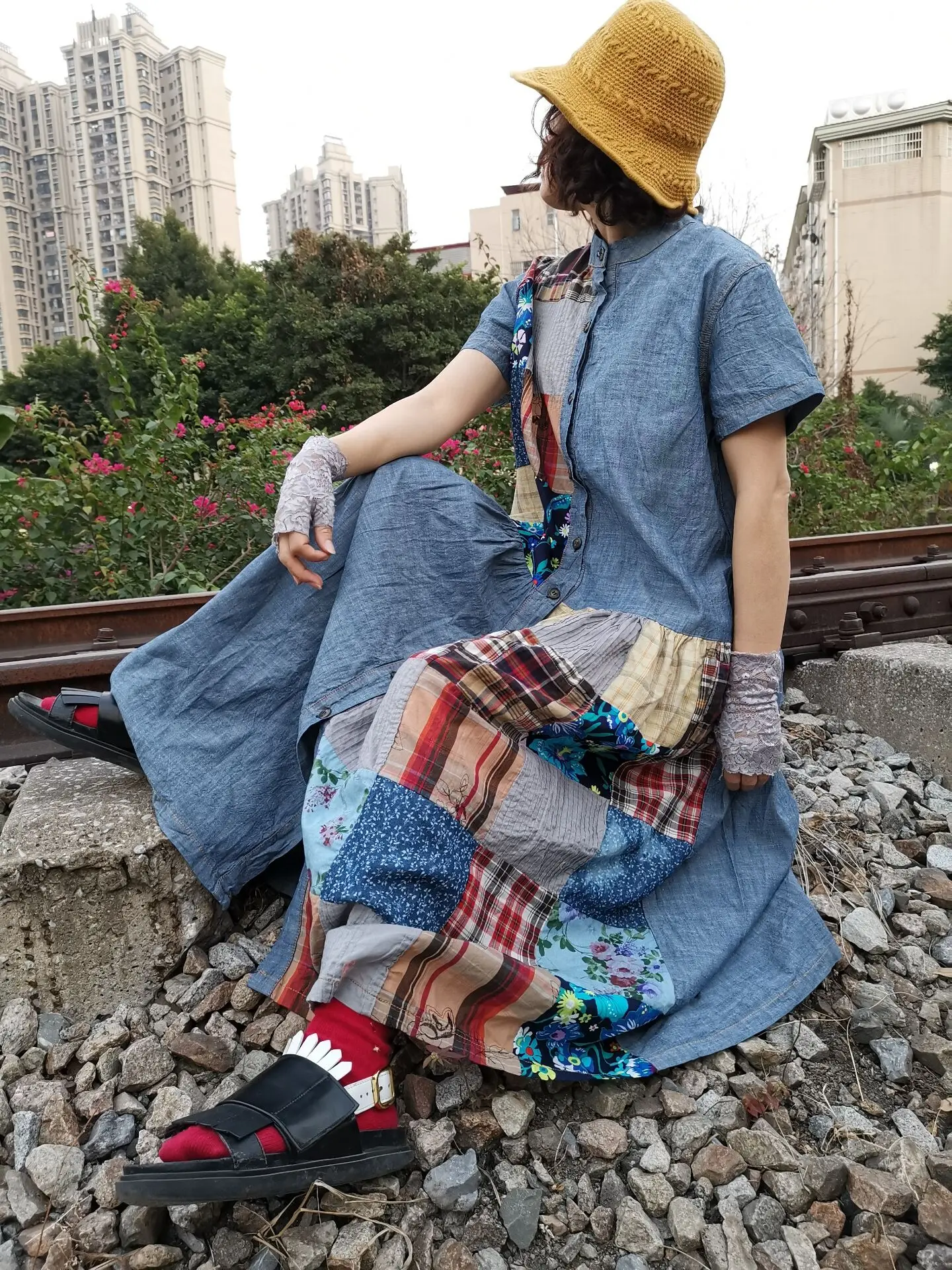 Casual Patchwork Chinese Style Denim Long Sleeve Loose Cardigan Long Skirt Dress Women's Dresses