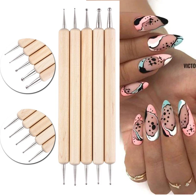 Dual Heads Wooden Dotting Pen Marbleizing Tool Nail Art Dot Dotting Tools for Nail Art Design Rhinestone Picker Nail Brush Kits