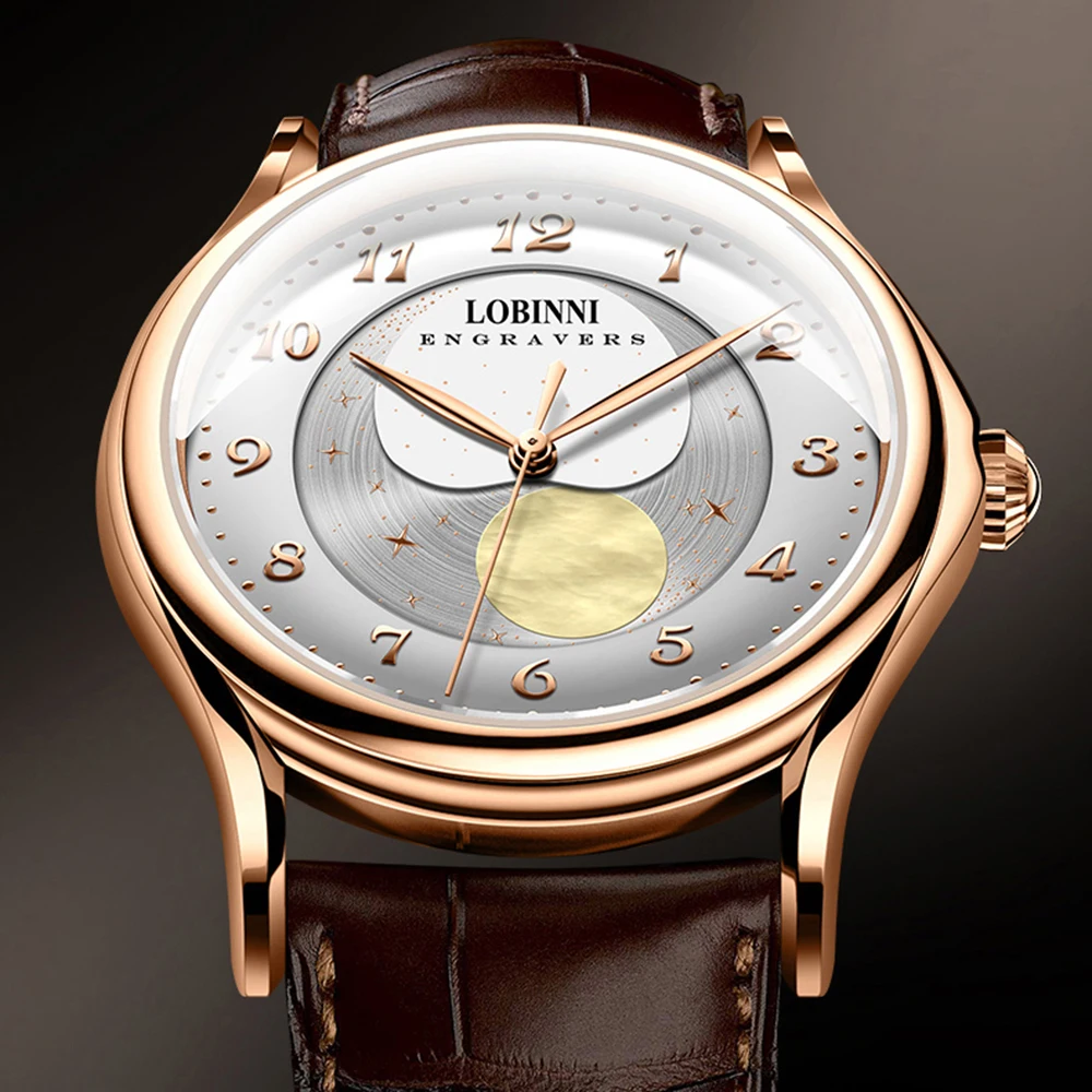 luxury watch for men,mens moon phase watches LOBINNI man automatic mechanical wristwatch waterproof dress moonphase montre gold