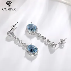 Drop Earrings For Women 925 Silver Needle Vintage Jewelry Oval Blue Cubic Zirconia Stone Long Eardrop Temperament Jewelry CCE648