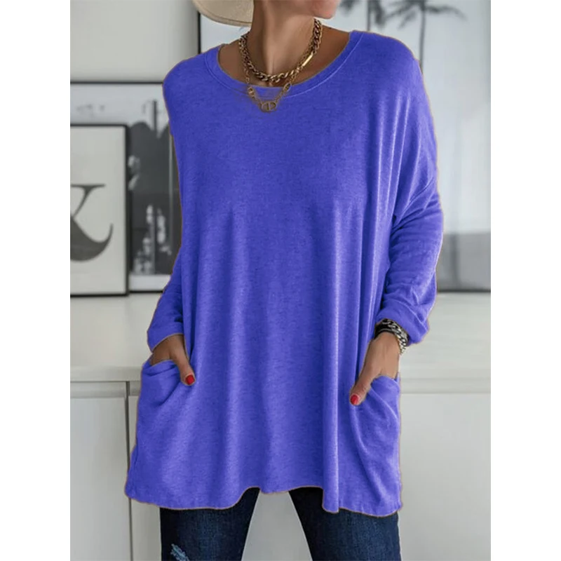 Solid Color Vintage Pocket Oversized T-shirt Female Clothing Fashion Autumn Tunics Basic Y2k Top Women 2021 Long Sleeve T Shirt
