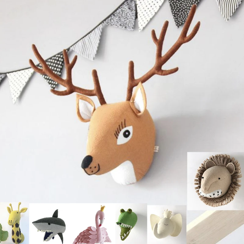 Elephant Lion Giraffe Tiger Deer Head Wall Mount Artwork Decor Doll Toys Animal Head Wall Decor for Kids Room Birthday Gift