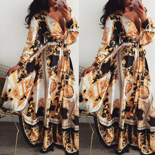 2021 Boho Summer Retro Vintage Floral Print Long Party Dress Women Sexy Elegant V-neck Long Maxi Dresses Vestidos