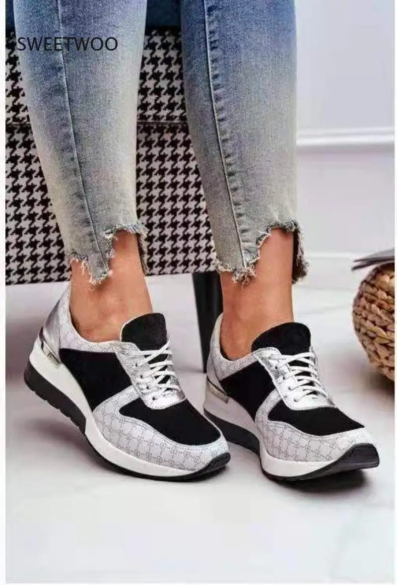 Women Wedge Sneakers Lace Up Patchwork Platform Casual Vulcanized Sports Shoes