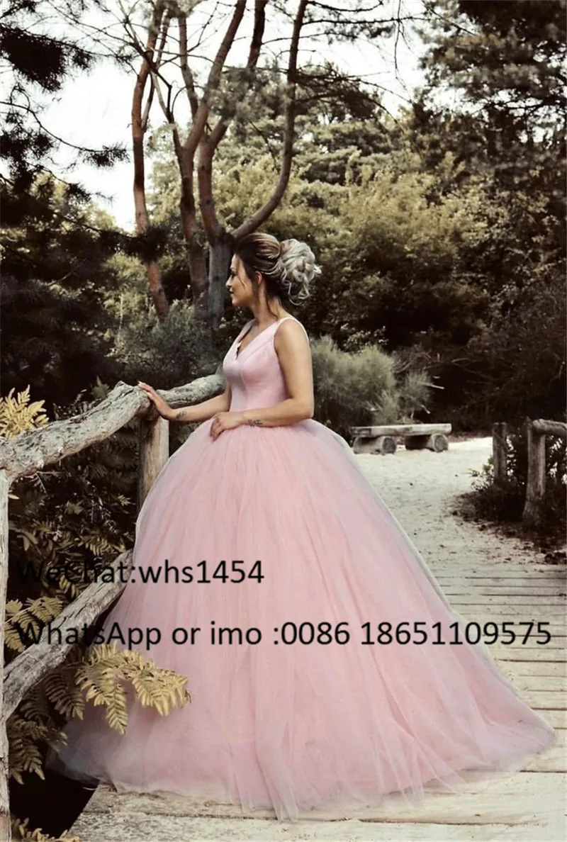 Mbcullyd Puffy Tulle Ball Gown Prom Dresses Long Pink V Neck Formal Dubai Evening Dress For Women Cheap Plus Size Robe de soiree