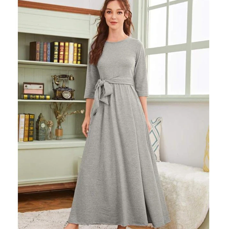 пижама autumn/winter dress women's hot sale solid color super long lace round neck nightdress can wear outside sexy nightgown