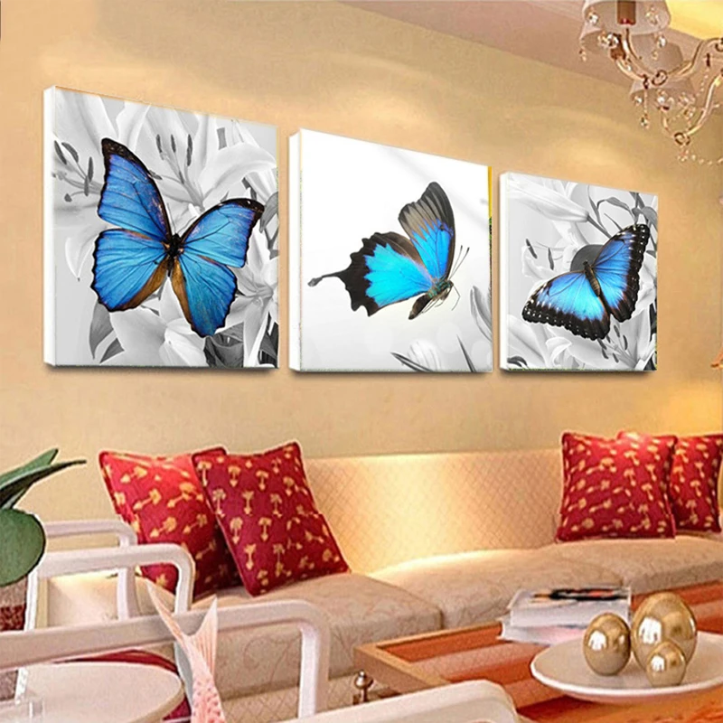 

5D Diy Diamond Painting 3 Pieces Wall Picture Embroidery Triptych Blue Butterfly Home Decoration Mosaic Modular StickersZP-4029