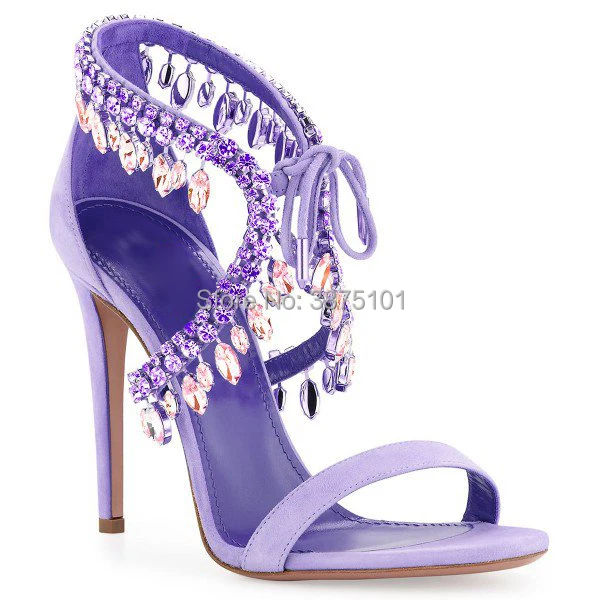 Crystal Tassel Sandals Strap Suede Women Summer Shoes Cross Diamond Stiletto Mujer Party 8cm and 10cm Pumps Big Size Euro 42