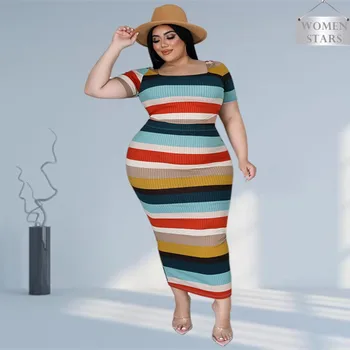 Ensemble deux pièces pour femme, vêtements d'automne rayés, manches courtes, haut court, jupe extensible, grande taille, nouvelle collection, vente en gros, livraison directe