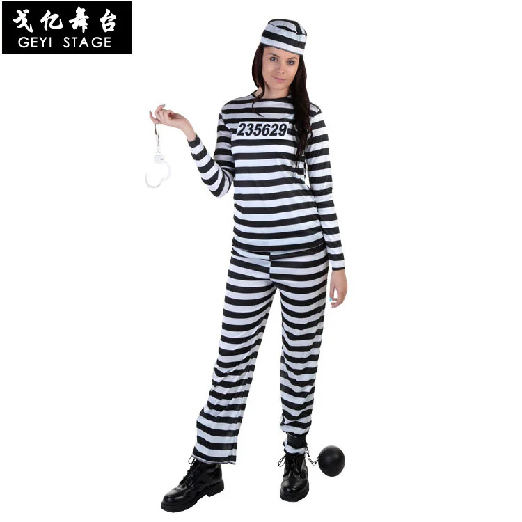 Carnival Party Halloween Prisoner Costume for Men Women Kids Child Family Violent Prisoner Costumes Fancy Dresses Set