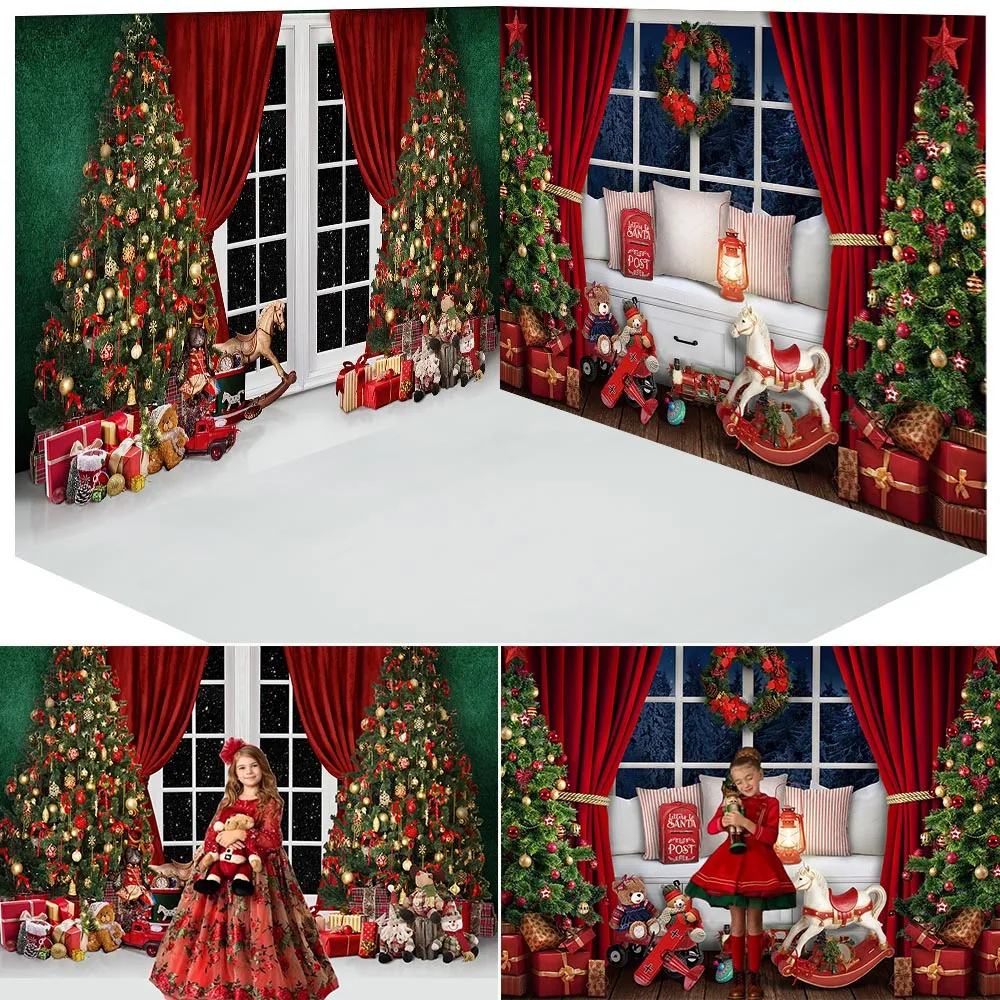 

Christmas Night Window Room Background Portrait Studio Decorations Xmas Trees Gifts Birthday Cake Smash Photo Backdrop Photocall