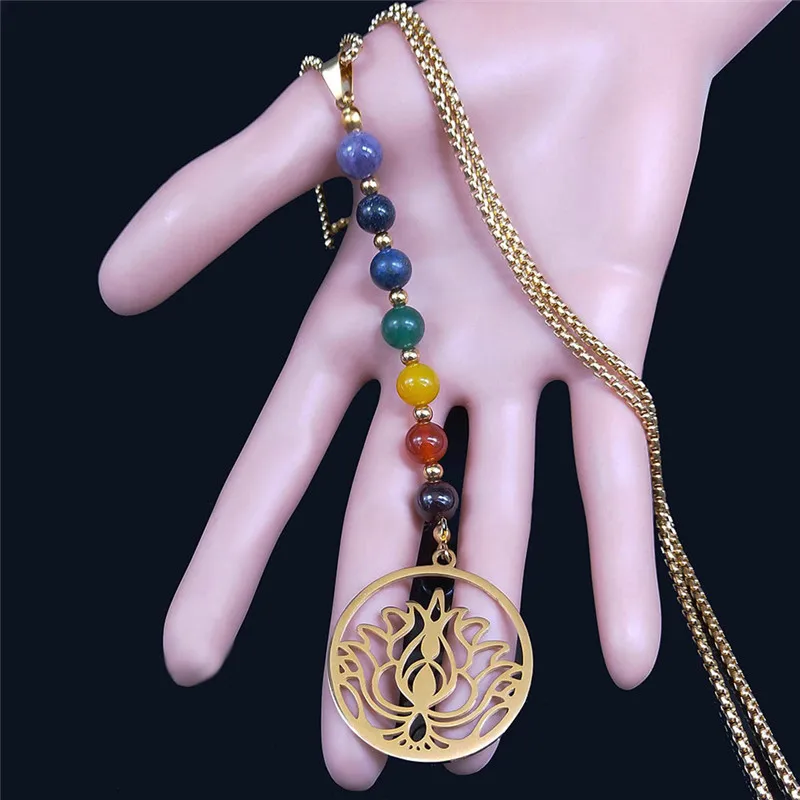 Yoga Lotus 7 Color Chakra Stone Stainless Steel Chain Necklaces for Women Gold Color Long Necklaces Jewelry collar N466S04