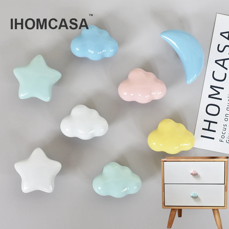 IHOMCASA Ceramic Clouds Stars Moon Hook And Handle Children\'s Room Knobs Furniture Dresser Drawer Knob Wall Cabinet Door Handles