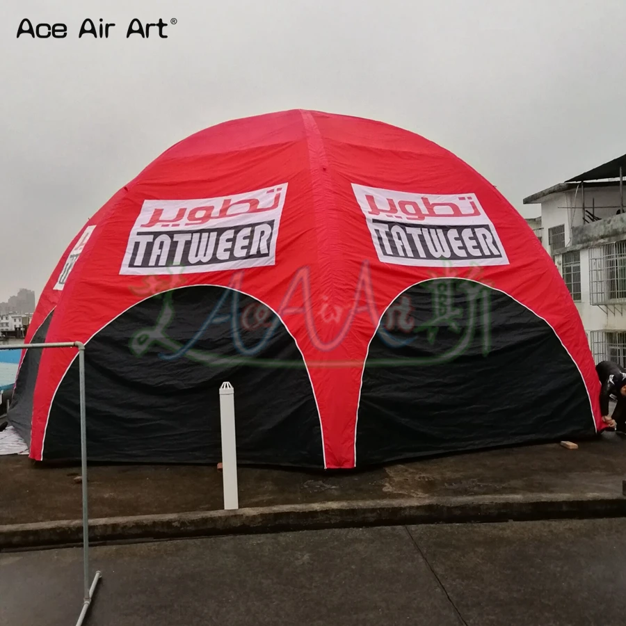 Custom Red Inflatable Spider Tent with Black Door Curtain for Advertising, Fully Covered, 8 Legs, 10m Diameter