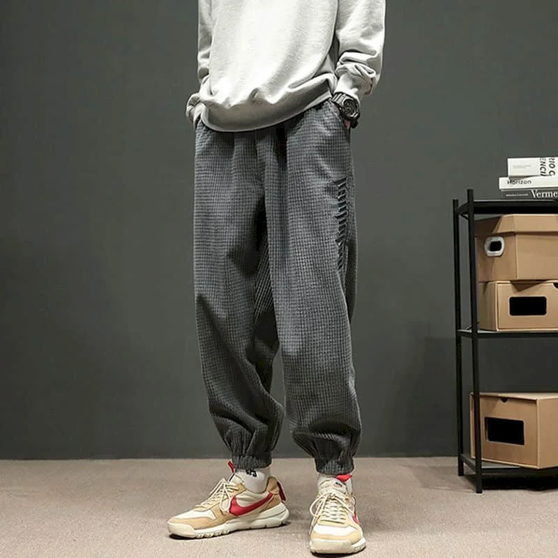 2021 autumn and winter Waffle corduroy casual long pants men's plus fat oversized loose leg sports pants hip-hop embroidered