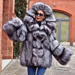 Winter Fashion Real Silver Fox Fur Jacket Medium Length Whole Skin Genuine Silver Fox Fur Coat with Big Hood Warm Fur Overcoats