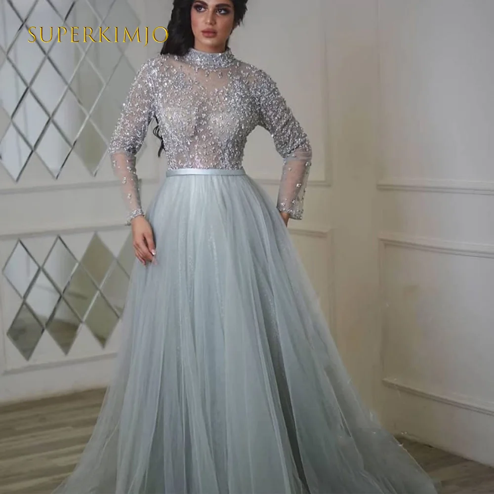 SuperKimJo Robe De Soiree Femme คอ Silver Prom Dresses 2021ลูกปัดแขนยาว Tulle สายชุดราตรี2022 vestidos