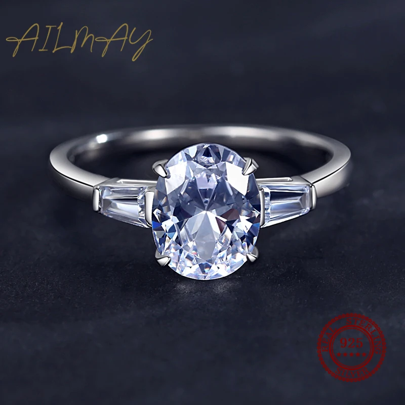 Ailmay Fashion 925 Sterling Silver Luxury Sparkling Oval Clear Zircon Rings For Women Classic Luxury Wedding Accessories Jewelry
