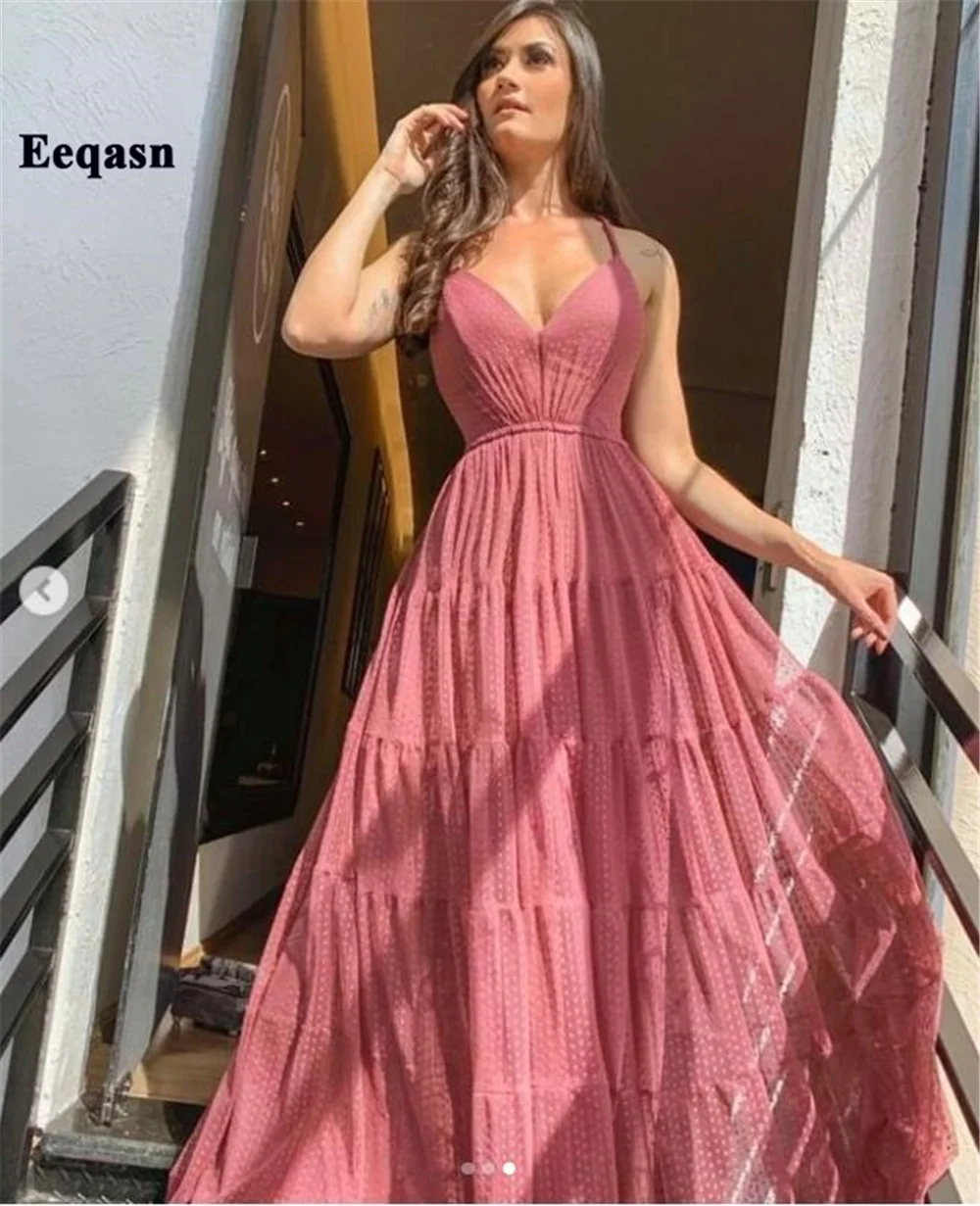 Eeqasn Grün V-ausschnitt Dubai Abendkleider Weiche Tulle Lange Frauen Formale Prom Kleider Strand Tiered Rock Promi Party Kleid