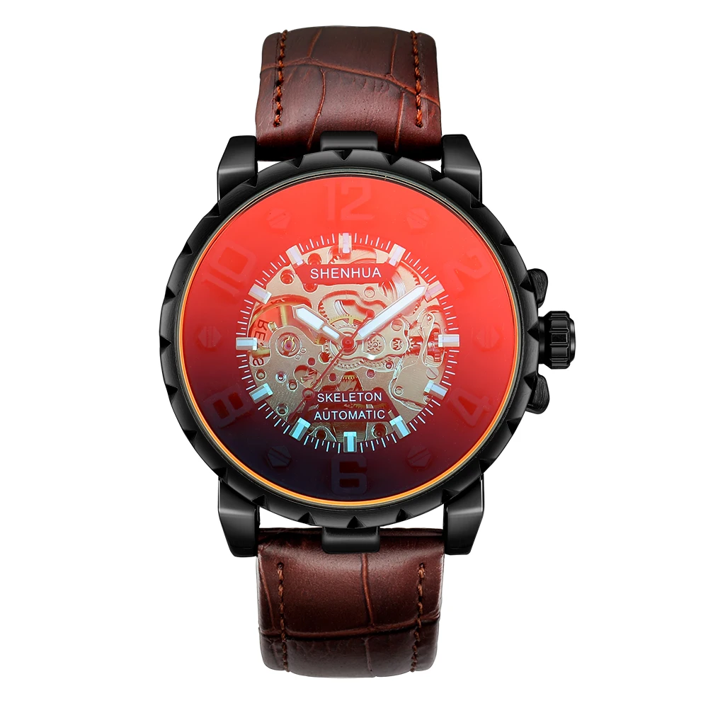 Skeleton Men Automatic Mechanical Watch Steampunk Creative Transparent Red Dial Brown Leather Male Self Winding Wrist Watches