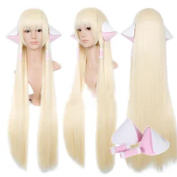 100cm Long Blonde Chobits Chii Cosplay Wigs With Cosplay Prop Ears Heat Resistance Hair Wigs + a wig cap