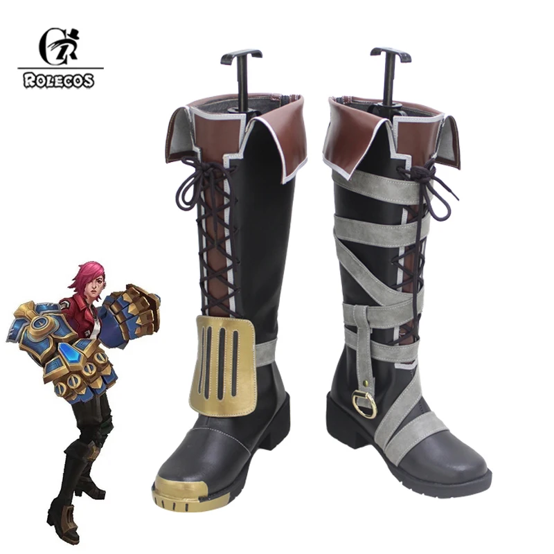 

ROLECOS Game LOL Vi Cosplay Shoes High Boots Cosplay Vi Black Handsome Shoes Women and Men Cosplay Halloween Shoes