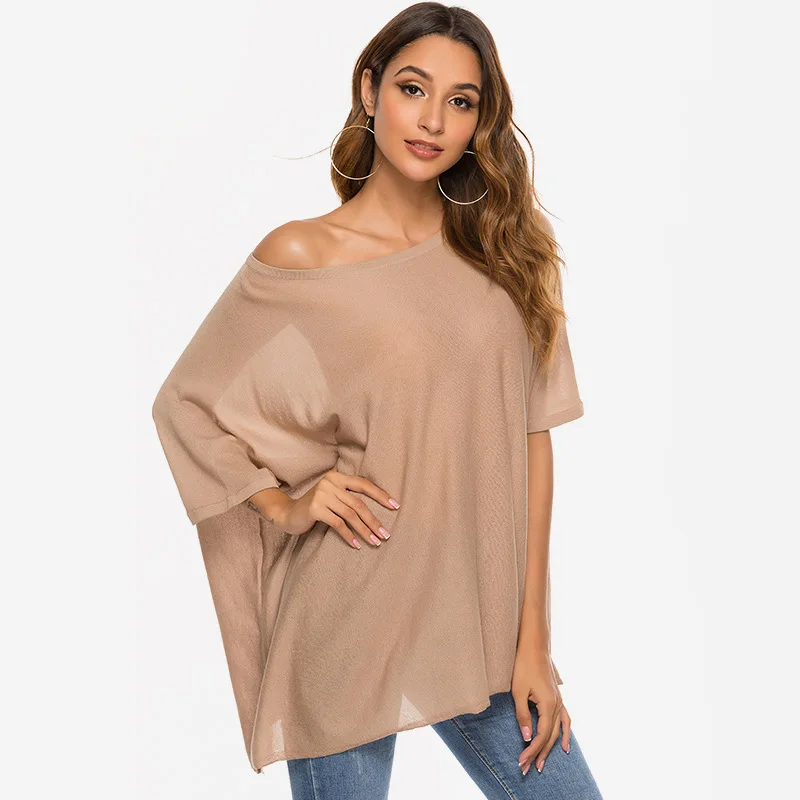 European American Sexy Off Shoulder Bat Sleeve Ice Silk Sweater Top Women's Thin Loose Solid Color Pullover Crew Neck Sweater