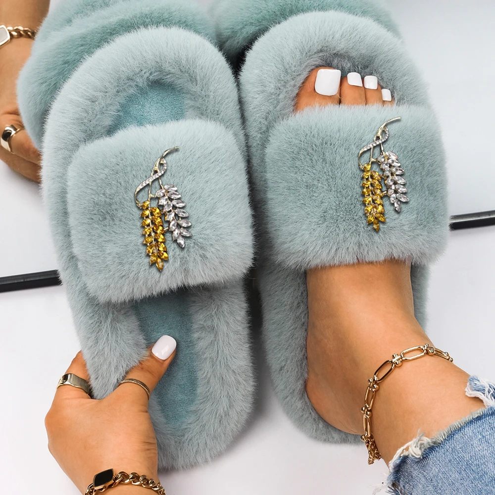 Fluffy Indoor Slippers Wheat Ears Decor Furry Slides Platform Flip Flops Faux Fur Sandals Luxury Designer Winter Warm Shoes 2021