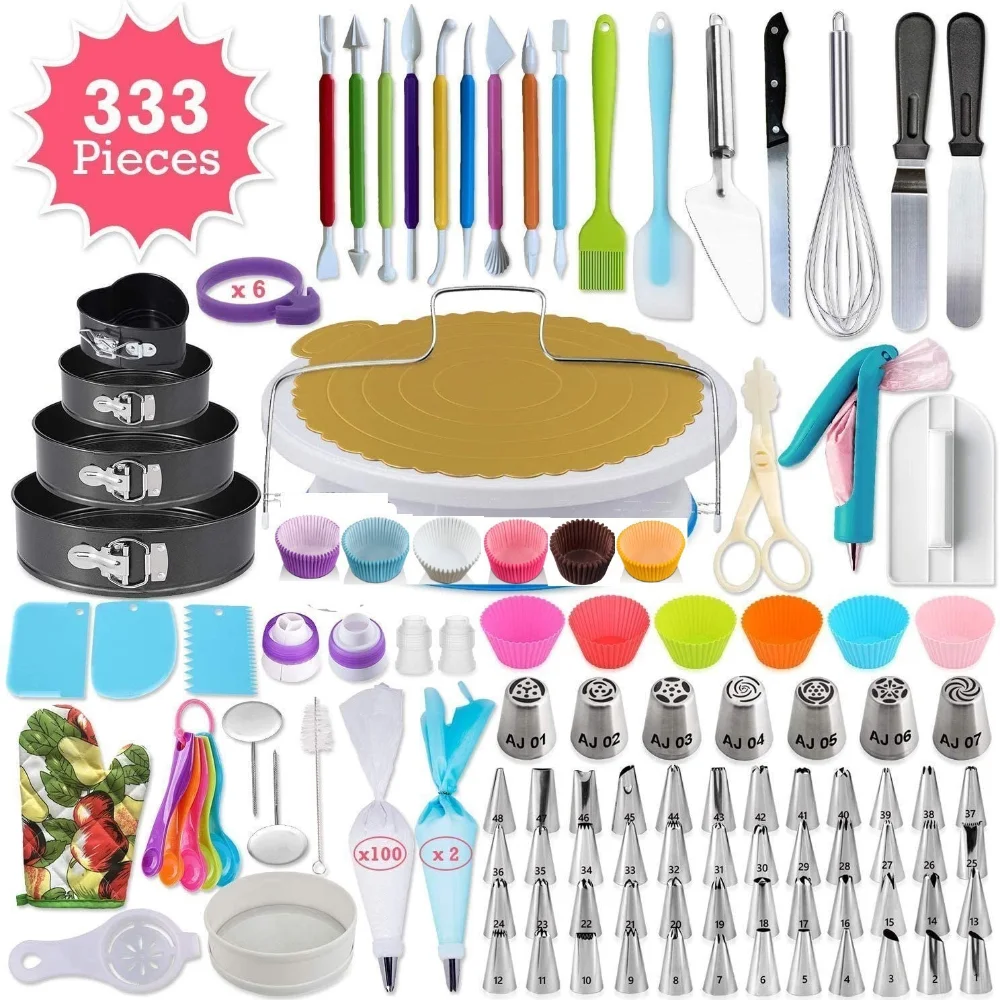 

333Pcs Cake Decorating Tools Set Russian Decorated Paper Cup Nozzle Pastry Bag Spatula Carved Pen Fondant Tool Measuring Spoon